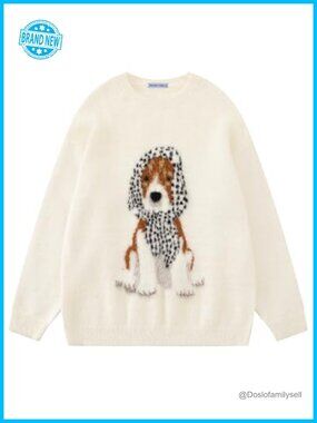 Oversized Crewneck Knit Pullover Cute Dog Graphic Sweater Y2K Streetwear